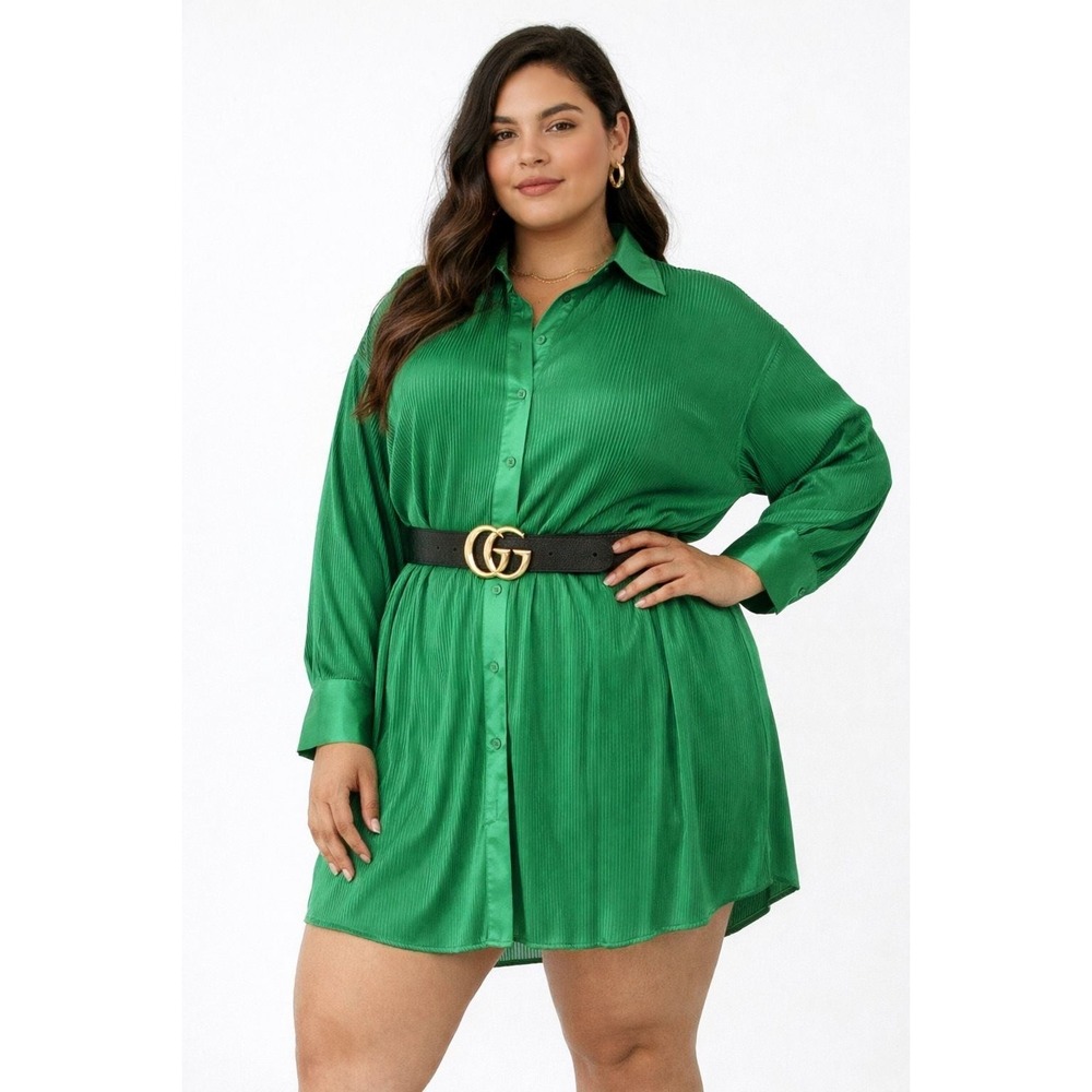 Green Pleated Tunic Shirt Dress Size M Runs L New Belted Style Belt Not Included